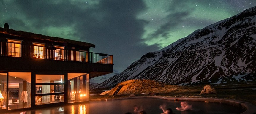 hotel with mountains at night